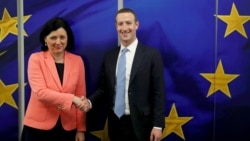 Facebook Chairman and CEO Mark Zuckerberg meets with European Commissioner for Values and Transparency Vera Jourova at the EU Commission headquarters in Brussels, Belgium, Feb. 17, 2020.