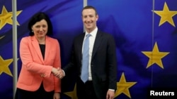 Facebook Chairman and CEO Mark Zuckerberg meets with European Commissioner for Values and Transparency Vera Jourova at the EU Commission headquarters in Brussels, Belgium, Feb. 17, 2020.