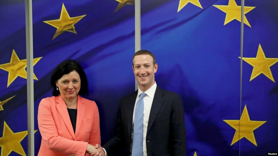 Facebook Chairman and CEO Mark Zuckerberg meets with European Commissioner for Values and Transparency Vera Jourova at the EU Commission headquarters in Brussels, Belgium, Feb. 17, 2020.