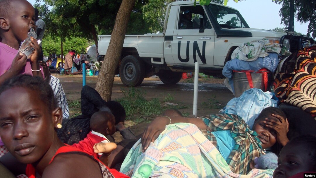 FILE - South Sudanese families rest in a camp for internally displaced people at the United Nations mission compound in Tomping, Juba, July 11, 2016. (The image was provided to Reuters by a third party.)