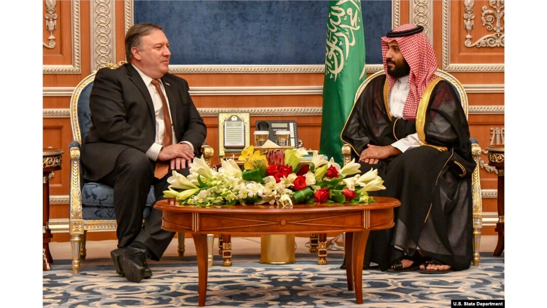 FILE - Secretary of State Michael R. Pompeo meets with Saudi Crown Prince Mohammed bin Salman, in Riyadh, Saudi Arabia, Oct. 16, 2018.
