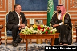 Secretary of State Mike Pompeo meets with Saudi Crown Prince Mohammed bin Salman, in Riyadh, Saudi Arabia, Oct. 16, 2018.