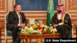 Secretary of State Mike Pompeo meets with Saudi Crown Prince Mohammed bin Salman, in Riyadh, Saudi Arabia, Oct. 16, 2018.