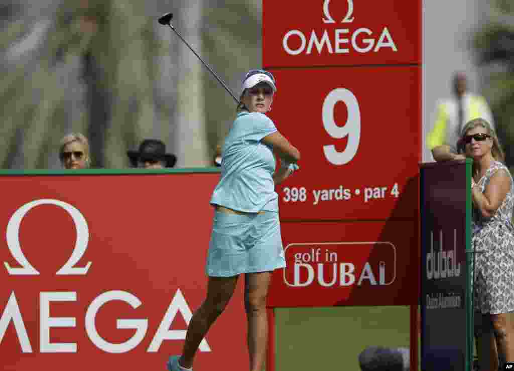 Lexi Thompson from U.S. eyes her ball on the 9th hole during the second round of Dubai Ladies Masters golf tournament in Dubai, United Arab Emirates, Thursday, December 6.