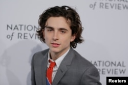 FILE - Actor Timothee Chalamet arrives at the National Board of Review awards gala in New York, Jan. 9, 2018.