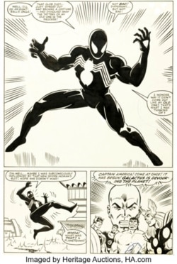 This image provided by Heritage Auctions shows Page 25 from the 1984 Marvel comic 'Secret Wars No. 8,' which tells the origin story of Spider-Man's now-iconic black costume.