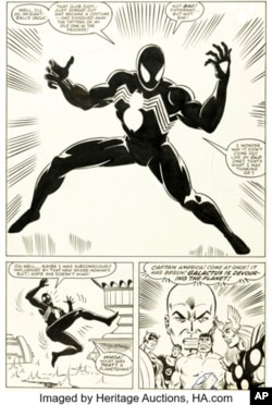 This image provided by Heritage Auctions shows Page 25 from the 1984 Marvel comic 'Secret Wars No. 8,' which tells the origin story of Spider-Man's now-iconic black costume.