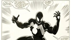 Heritage Auctions tərəfindən təqdim edilən bu şəkil, Hörümçək Adamın indi ikonik qara kostyumunun mənşəyi hekayəsindən bəhs edən 1984-cü il Marvel komiksi 'Secret Wars No. 8'dən Səhifə 25-i göstərir.