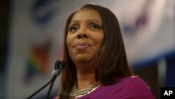 FILE - Attorney General of New York Letitia James speaks during an inauguration ceremony in New York, Jan. 6, 2019.