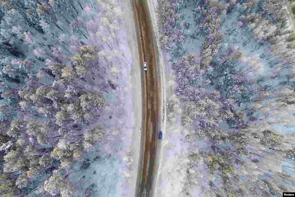 An aerial view shows a road on the banks of the Yenisei River, in air temperatures of about -17° C (1.4° F), outside Russia's Siberian city of Krasnoyarsk.