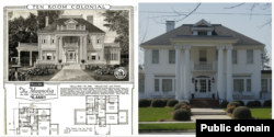 (Left) Floorplan of Sears Magnolia kit house from the 1921 Sears Modern Homes catalog. (Right) A Sears Magnolia kit house located in Benson, North Carolina.