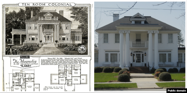 (Left) Floorplan of Sears Magnolia kit house from the 1921 Sears Modern Homes catalog. (Right) A Sears Magnolia kit house located in Benson, North Carolina.