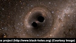 A computer simulation of the collision of two black holes —a tremendously powerful event detected this year for the first time ever by LIGO