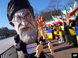 A demonstrator dressed as the Iranian Supreme Leader Ayatollah Ali Khamenei participates in a rally across from the White House in Washington, Jan. 6, 2018, in solidarity with anti-government demonstrators in Iran. Iran has seen its largest anti-government protests since the disputed presidential election in 2009.