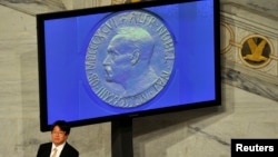 FILE - A guest stands next to a screen showing the Nobel Prize medal during the Nobel Peace Prize ceremony in Oslo, Dec. 10, 2010.