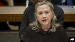 US Secretary of State Hillary Rodham Clinton delivers a policy statement to the Biological Weapons Convention Review at the United Nations in Geneva, Switzerland, December 7, 2011.