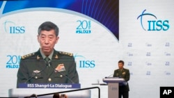 中國國務委員兼國防部長李尚福6月4日在香格里拉安全對話會上發言。