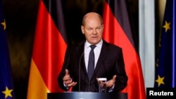 German Chancellor Scholz holds a news conference following a virtual meeting with G7 leaders in Berlin