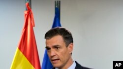 Spanish Prime Minister Pedro Sanchez speaks during a media conference at an EU summit in Brussels, July 2, 2019. 