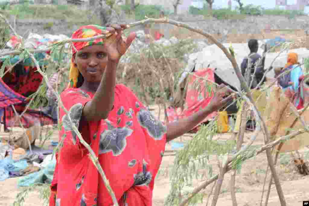 A woman constructing the frame of what will be her tent home at the Sayidka IDP camp in Mogadishu. (VOA - P. Heinlein)