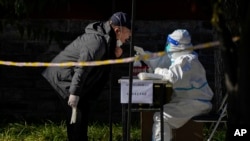 FILE - A man wearing groves pulls his mask for his throat swabbed for a COVID-19 test at a coronavirus testing site in Beijing, Nov. 13, 2022. 