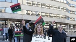 A small group of anti-Moammar Gadhafi protesters take part in a demonstration at the Libyan Embassy in Washington, March 1, 2011