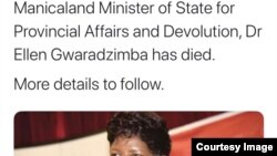 Okwethulwe liphephandaba leManica Post ngokubhubha kwesiphathamandla sikahulumende uDokotela Ellen Gwaradzimba. (Tweet: Manica Post)