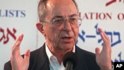 FILE - Former Israeli defense minister Moshe Arens, speaks at a press conference in Tel Aviv, Jan. 11, 1999. Arens, an early political mentor to Prime Minister Benjamin Netanyahu, died Monday. 