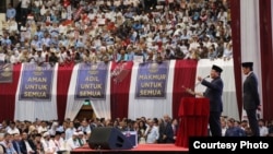 Capres Prabowo Subianto didampingi Cawapres Sandiaga Uno saat menyampaikan Pidato Kebangsaan "Indonesia Menang" di JCC, Senayan, Jakarta, Senin (14/1) (Courtesy: Prabowo-Sandi Media Center)