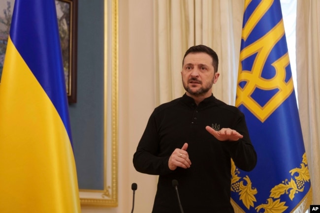 Ukrainian President Volodymyr Zelenskyy speaks to journalists during press conference in Kyiv, Feb. 26, 2025.