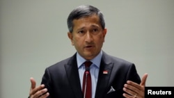 FILE - Singapore's Foreign Minister Vivian Balakrishnan speaks at the 15th ASEAN Lecture on "ASEAN: Next 50" at the ISEAS Yusof Ishak Institute in Singapore, Dec. 5, 2017. 
