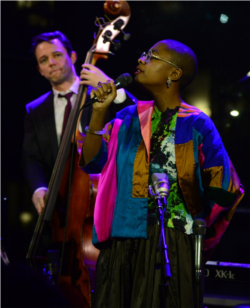 Paul Sikivie plays the bass alongside vocalist Cecile McLorin Salvant at a memorial concert for Lawrence Leathers held on Feb. 3, 2020, at Dizzy’s Club at Lincoln Center. (Frank. Stewart/Jazz at Lincoln Center)