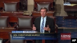 This frame grab provided by C-SPAN shows Sen. Chris Murphy, D-Conn. "seized the floor" of the Senate on Capitol Hill in Washington, where he was demanding a vote on gun control measures, June 15, 2016.