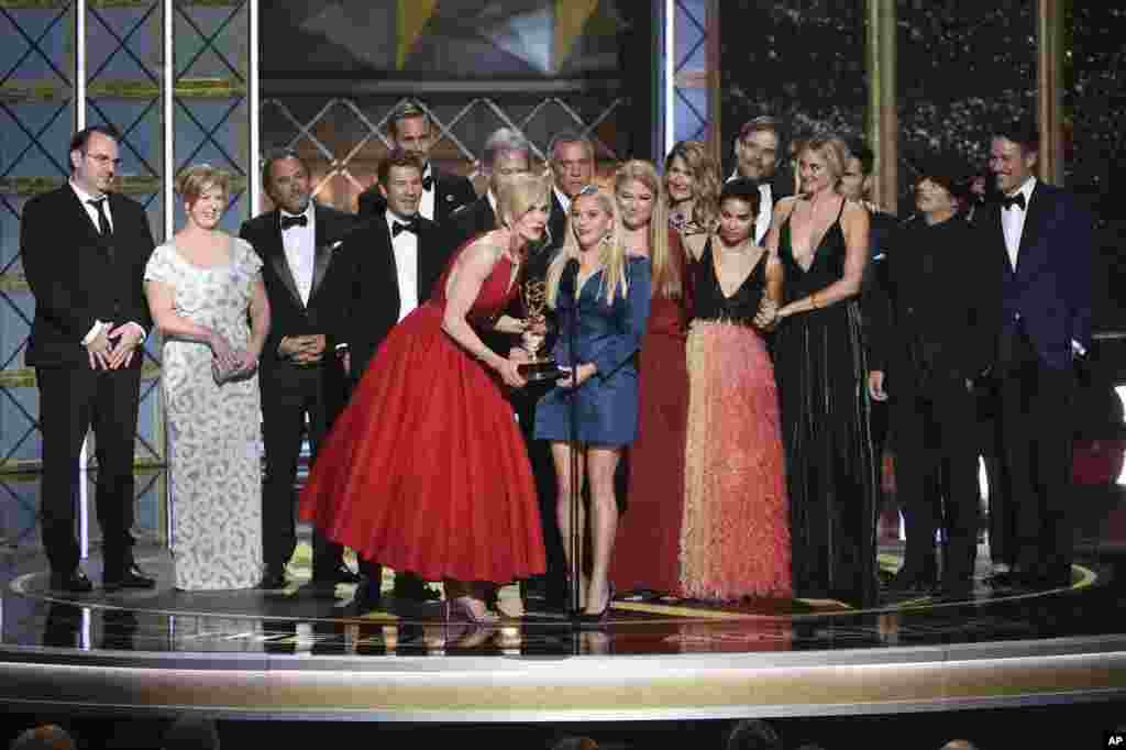 Nicole Kidman, left, and Reese Witherspoon accept the award for Outstanding Limited Series for &quot;Big Little Lies&quot; at the 69th Primetime Emmy Awards, Sept. 17, 2017, at the Microsoft Theater in Los Angeles.