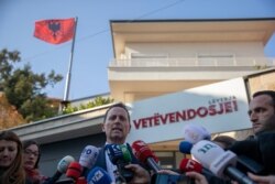 U.S. ambassador to Germany Richard Grenel speaks after he met with the leader of Vetevendosje, newly nominated prime minister of Kosovo Albin Kurti, in Kosovo's capital Pristina on Jan. 23, 2020.