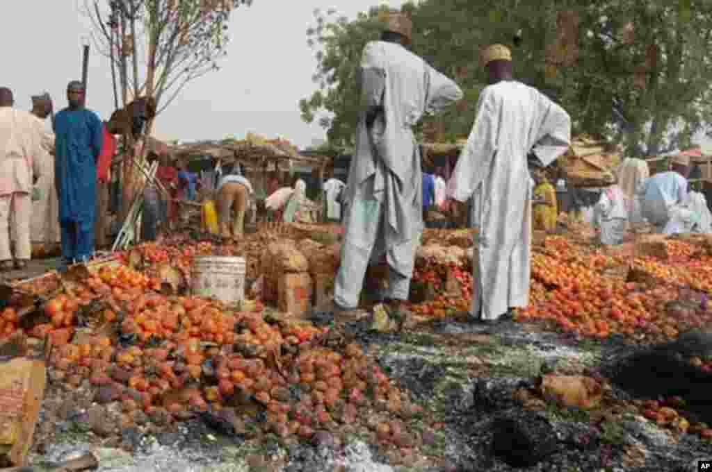 Farm produce are seen with burnt patches after a blast at Gombomru local market on Monday, in Nigeria's northern city Maiduguri February 7, 2012.