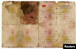 A letter written on April 13, 1912 and recovered from the body of Alexander Oskar Holverson, a Titanic victim, was due to be auctioned on Saturday, and is seen in this photograph received via Henry Aldridge & Son, in London, Britain, Oct. 20, 2017.