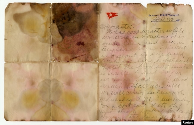 A letter written on April 13, 1912 and recovered from the body of Alexander Oskar Holverson, a Titanic victim, was due to be auctioned on Saturday, and is seen in this photograph received via Henry Aldridge & Son, in London, Britain, Oct. 20, 2017.