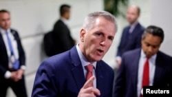 FILE PHOTO: U.S. House Speaker McCarthy speaks with reporters at the U.S. Capitol in Washington