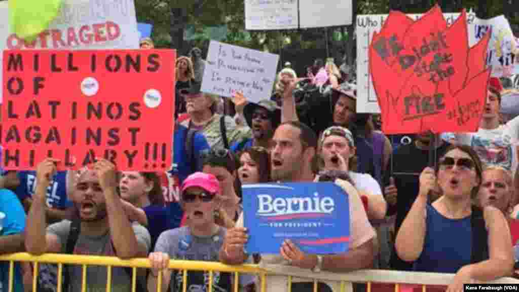 Bernie Sanders supporters protest outside the site of the DNC convention in Philadelphia.