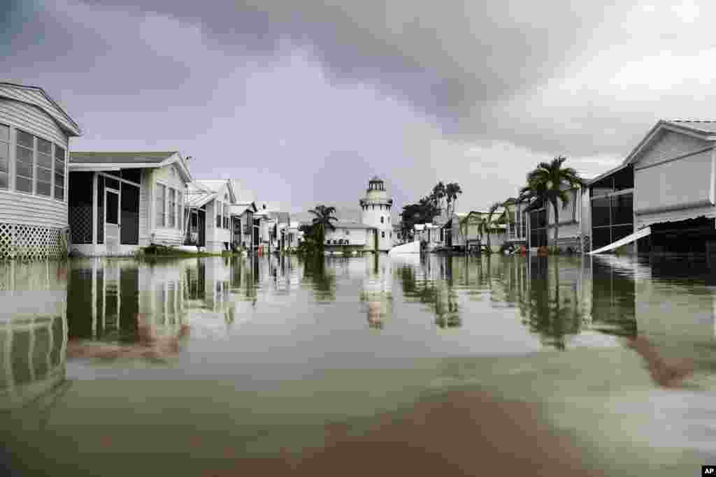 A mobile home community is flooded in the aftermath of Hurricane Irma in Everglades City, Florida, Sept. 11, 2017.