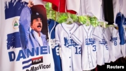 FILE - A shirt with the image of Nicaraguan President Daniel Ortega, promoting him as a presidential candidate, is displayed on street ahead of the country's presidential elections in November, in Managua, Nicaragua, Oct. 22, 2021.