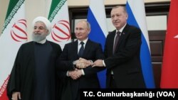 지난 2월 러시아 소치에서 러시아와 터키, 이란 3국 정상회다이 열렸다. 왼쪽부터 하산 로하니 이란 대통령, 블라디미르 푸틴 러시아 대통령, 레제프 타이이프 에르도안 터키 대통령.