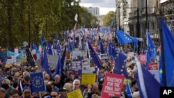 Brexit opponents take part in a "People's Vote" protest march calling for another referendum on Britain's EU membership, in London, Oct. 19, 2019.
