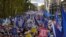 Brexit opponents take part in a "People's Vote" protest march calling for another referendum on Britain's EU membership, in London, Oct. 19, 2019.