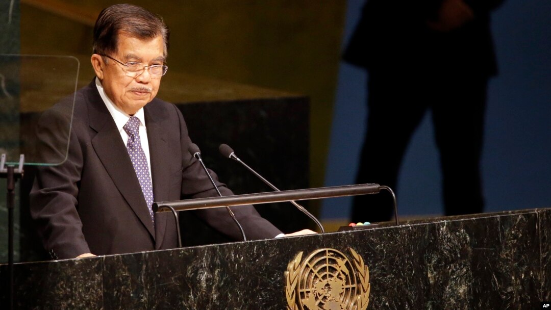 Wakil Presiden Indonesia Jusuf Kalla saat menyampaikan pidato pada KTT Pembangunan Berkelanjutan di New York (26/9).