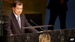 Wakil Presiden Indonesia Jusuf Kalla saat menyampaikan pidato pada KTT Pembangunan Berkelanjutan di New York (26/9).