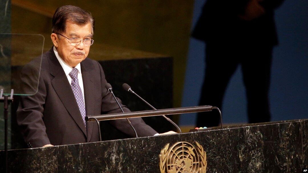 Wakil Presiden Indonesia Jusuf Kalla saat menyampaikan pidato pada KTT Pembangunan Berkelanjutan di New York (26/9).