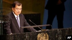 Wakil Presiden Indonesia Jusuf Kalla saat menyampaikan pidato pada KTT Pembangunan Berkelanjutan di New York (26/9).