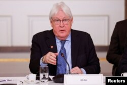 FILE - United Nations Under-Secretary-General for Humanitarian Affairs and Emergency Relief Coordinator, Martin Griffiths speaks during an international humanitarian conference for civilians in Gaza, at the Elysee Presidential Palace, in Paris, France, on November 9, 2023.